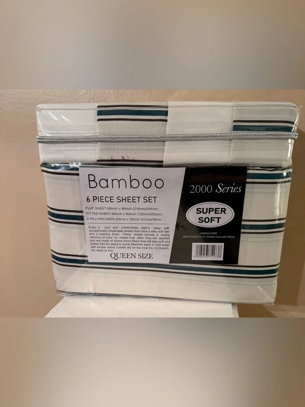 Bamboo Cotton Touch 6 pieceQueen Sheet Set - White w/Green Stripes